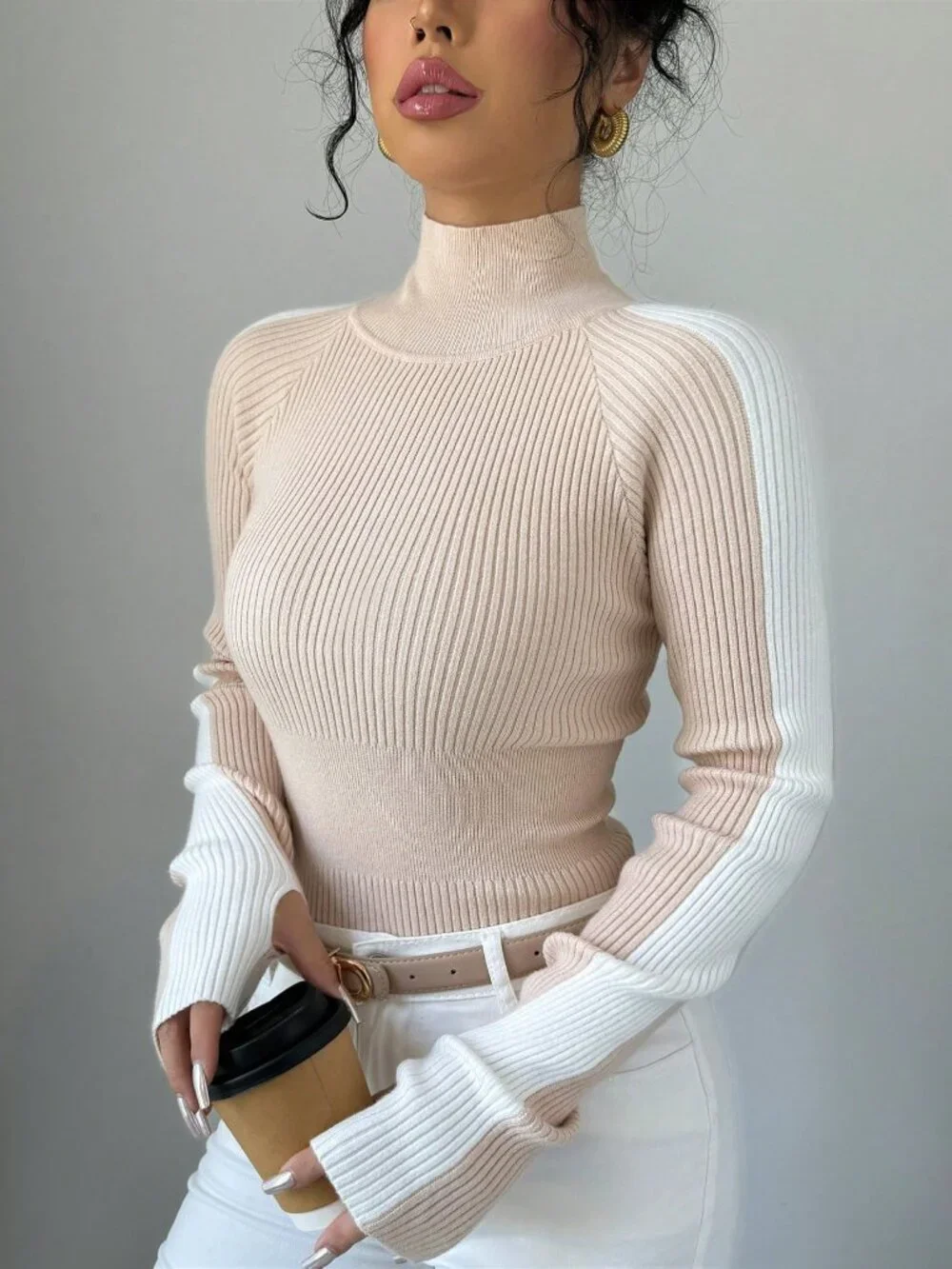 Khaki Casual Women's Colorblock Stand Collar Minimalist Knit Sweater